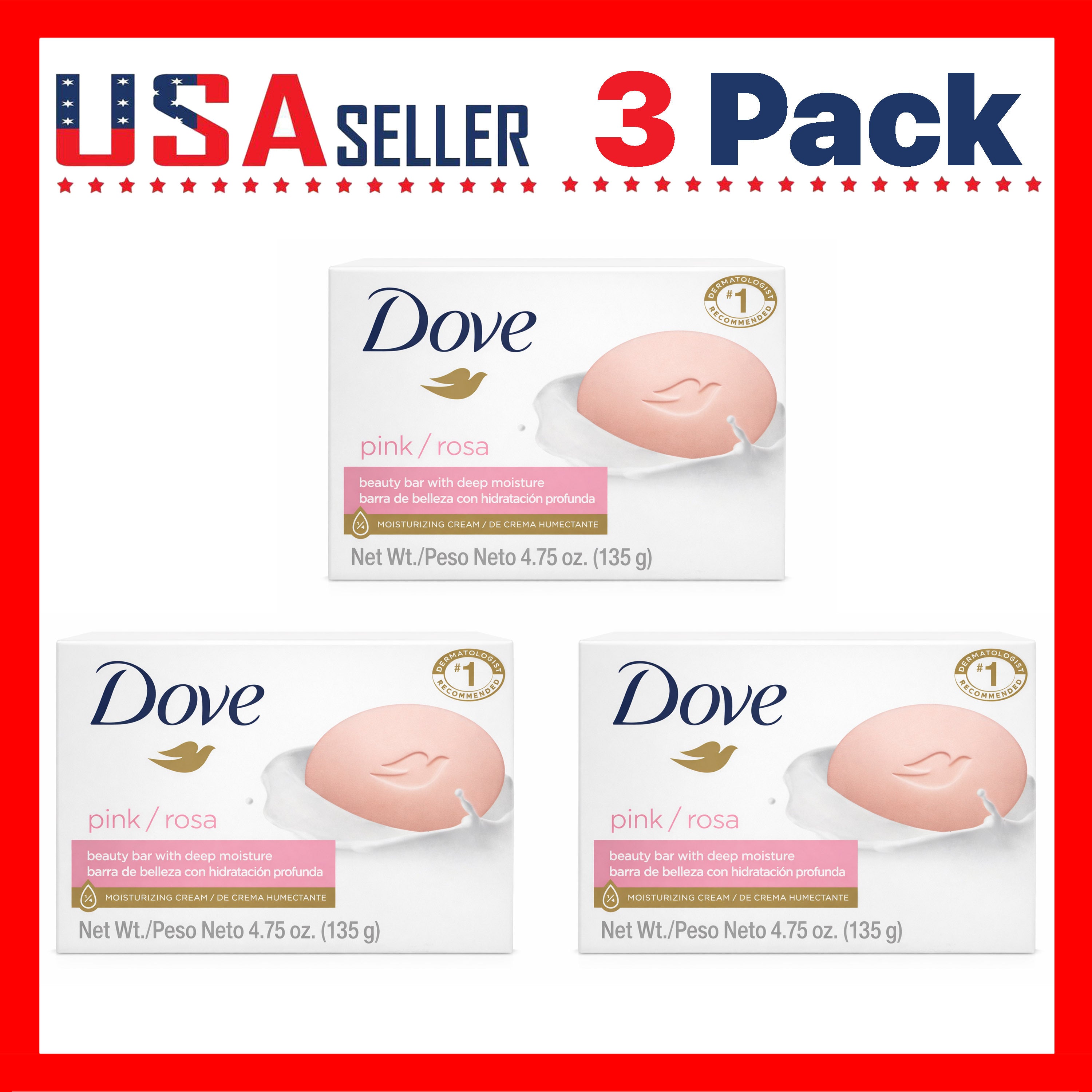 Dove Soap Pink Rosa x [3 Pack] Beauty Bar 3-in-1 Moisturizing Face, Body & Hand Soap, 4.75 Oz / 135g – Deep Moisture, Soft Creamy Lather, Daily Gentle Clean