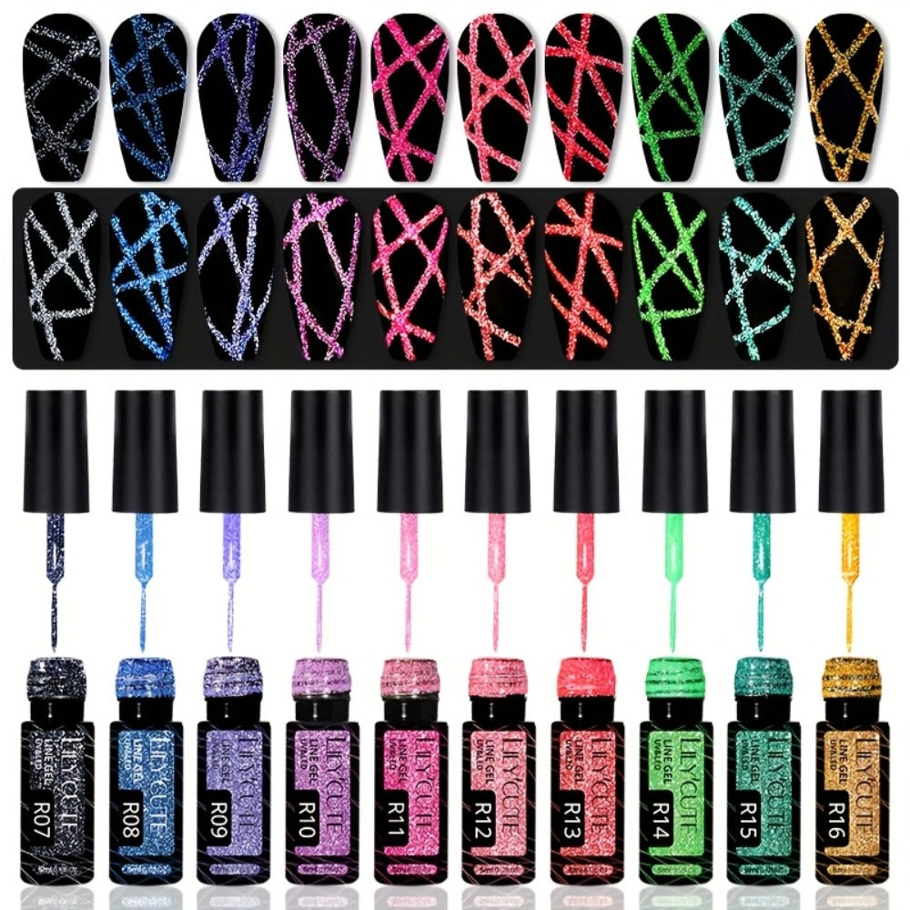 LILYCUTE 9pcs/Set Reflective Glitter Line Gel Nail Polish - Summer Bright Sparkling Gorgeous Color for Manicure, Pull Line Graffiti Painting Stripe Gel Nail Art LED Gel Varnish, Gel Nail Polis, Diy Manicure, Beauty Lovers, Salon Professionals