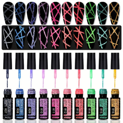 Reflective Glitter Line Gel Nail Polish 9pcs Set LED Cure Stripe Liner Nail Art Gel - Pull Line Graffiti Sparkling Manicure Kit for Salon & DIY 5ml Each