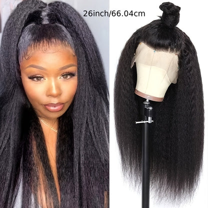 Kinky Straight Wig Lace Front Synthetic 26 Inch Black Yaki Texture HD Lace Glueless Pre Plucked Hairline Heat Resistant 160°C Adjustable Cap for Women Beginner Friendly