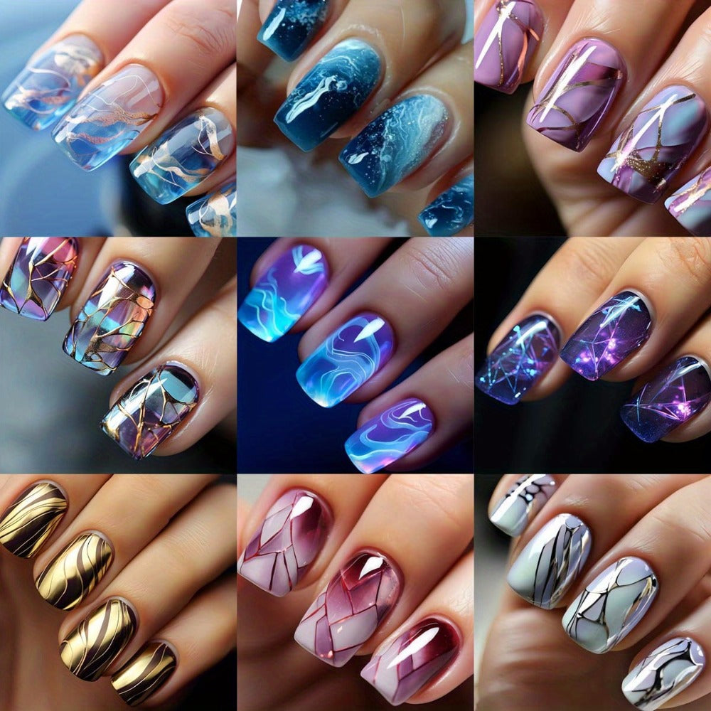 Press on Nails with Marble Texture 215pcs (9pcs) Fake Nails Gradient Designs Brown Lines Acrylic Nails Glossy Yellow Short Square Shaped False Nails Full Cover Stick on Nails for Women DIY Manicuare