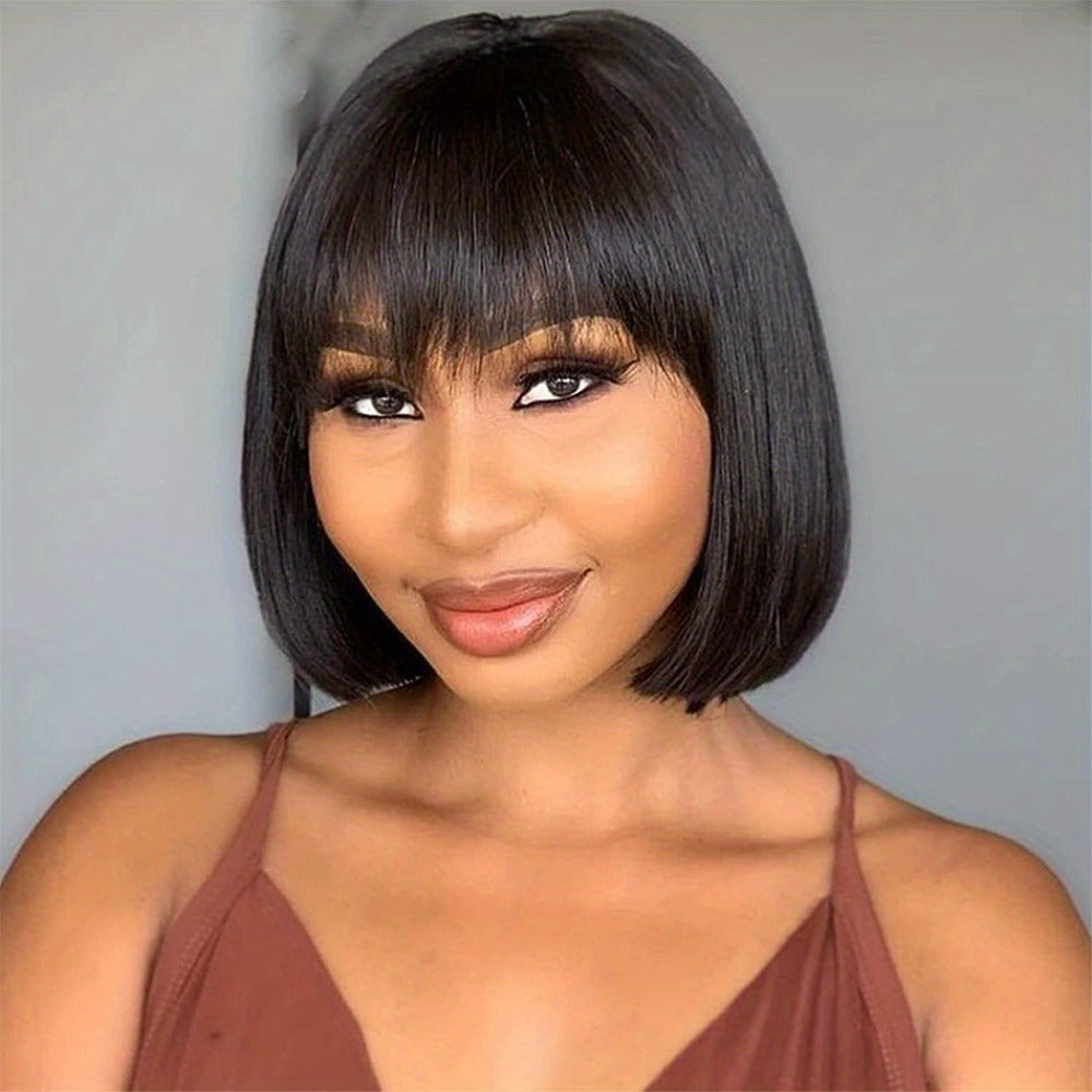 Human Hair Wig Short Bob Straight with Bangs Brazilian 200% Density Glueless Full Machine Made for Women Black 8 10 12 16 Inch Natural Hairline