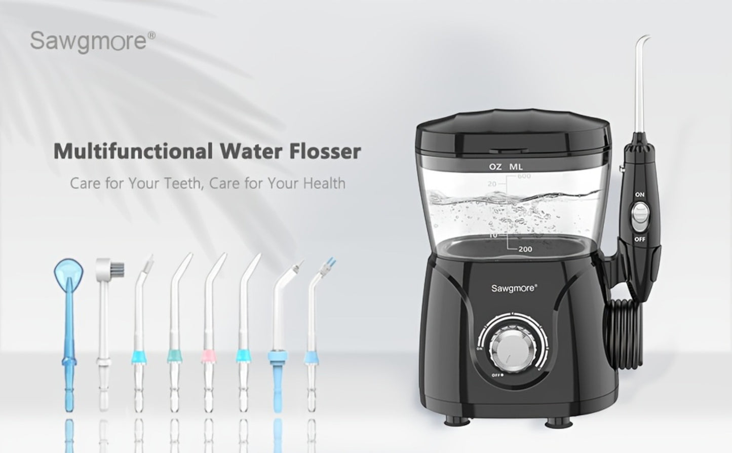 Water Flosser for Teeth & Braces 600ml Large Tank 10 Adjustable Pressure Levels 8 Nozzles IPX4 Waterproof Professional Oral Irrigator Desktop Electric Dental Flosser for Adults Family Use