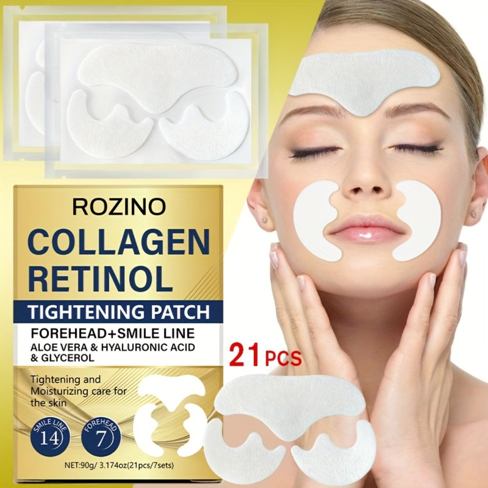 ROZINO 21pcs Collagen & Retinol Face Patches - Target Forehead & Smile Lines with Aloe Vera & Hyaluronic Acid for a Smooth, Happy Glow! Fun 7-Day Care Kit & Perfect Christmas Gift!