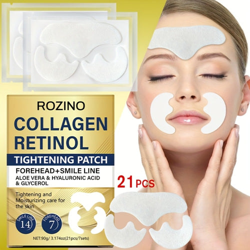 Collagen Face Patches 21pcs — Retinol & Hyaluronic Acid Anti-Wrinkle Forehead & Smile Line Patches with Aloe Vera | 7-Day Skin Smoothing Kit by ROZINO