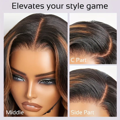 Human Hair Lace Front Wig 200% Density Brown Highlights — Pre-Plucked Glueless Long Wavy Black Brown Highlighted Wig, Heat Friendly 12"-32" Everyday Wear