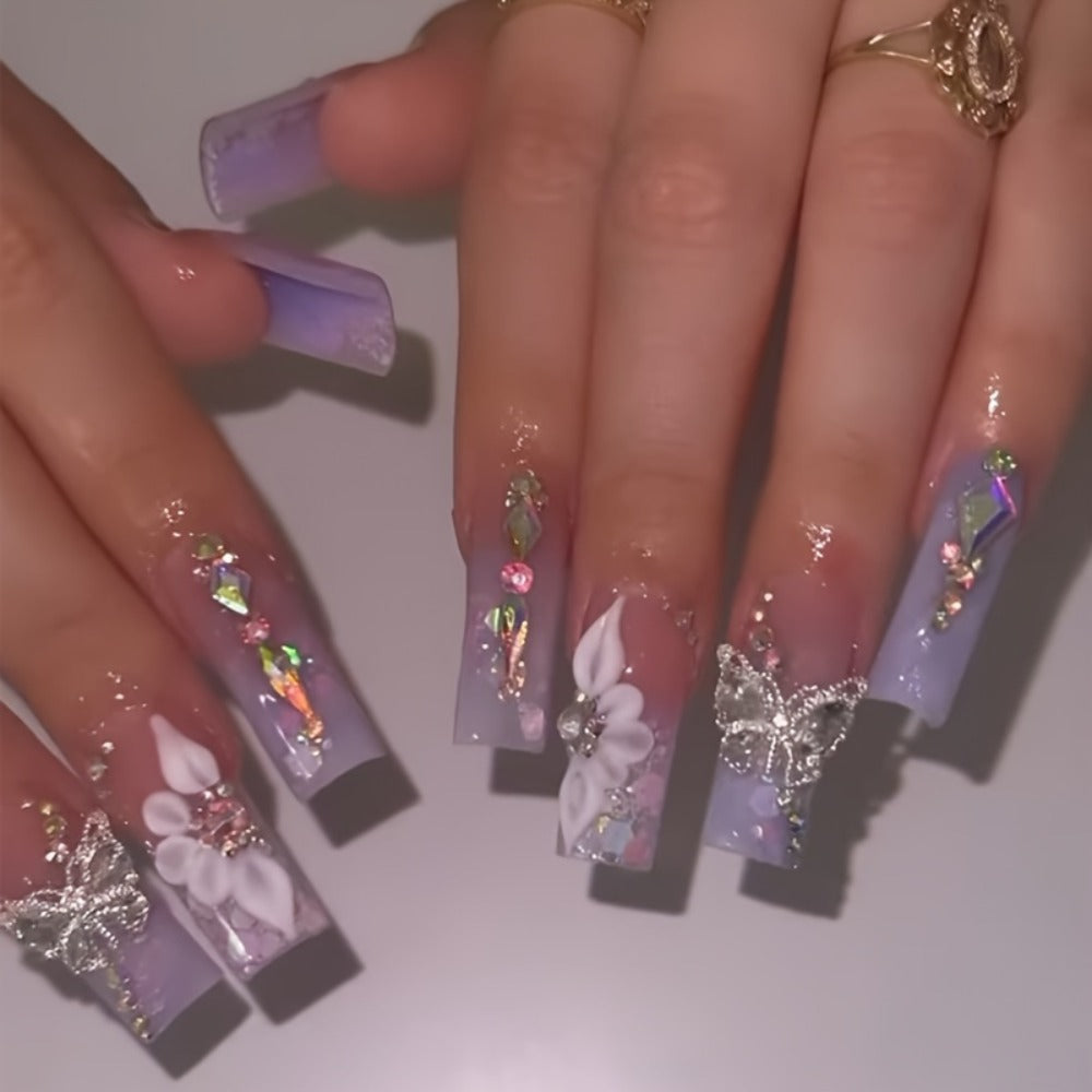 Press On Nails 96 Pieces 4 Packs + 4 Bracelets - Long Ballerina Fake Nails Blue Gradient 3D Flower Butterfly Rhinestone | Glossy Sparkling Full Cover False Nails & Beads Bangle Set for Women Girls