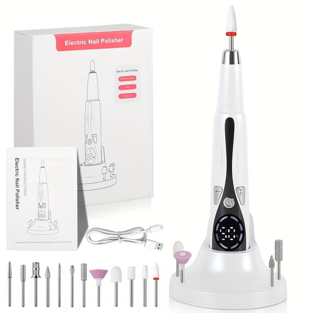 2025 Enhanced Electric Nail File, Featuring 12 Grinding Tips, Compact Home Manicure with Stand