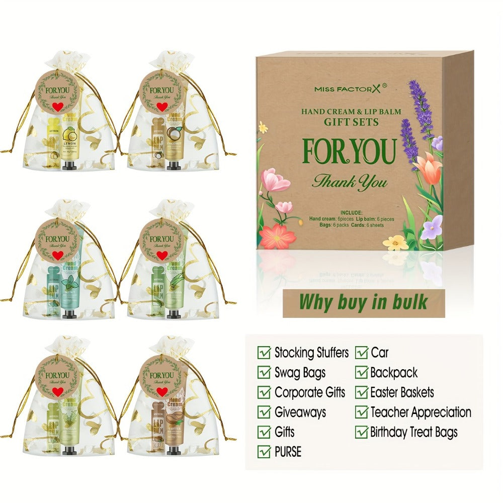 [Ideal Gift] 24pcs MISS FACTORX Hand Cream And Lip Balm Gift Set Moisturizing, Hydrating Formula with Glycerin And Hyaluronic Acid - Includes Thank You Cards And Heart-Shaped Gift Bags - Ideal for Women, Bridal Showers, And Corporate Team Building