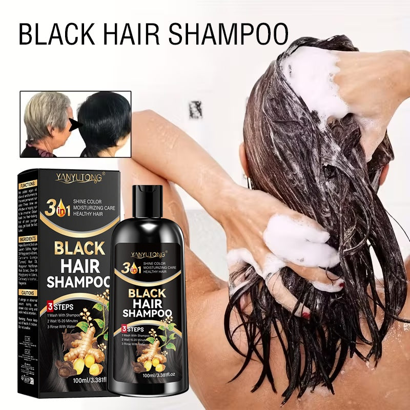 3.38oz Black Shampoo, Hair Dye And Conditioner, Natural Herbal Ingredients, Quick Gray Hair Coverage, Moisturizing Care, Non-Irritating, Smooth Styling, with Ginseng, Black Sesame, Ginger And Black Seed Extracts, Long-Lasting Natural Hair Dye Shampoo