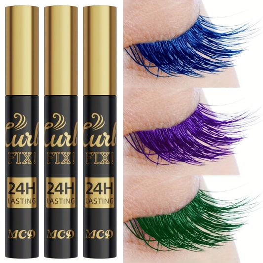 Set of 3 Colorful Mascaras in Bright Shades, Perfect for Everyday Wear, Clubbing, Or Parties. They Are Long, Slim, And Provide a Curled Effect. Includes an Eyebrow Pencil, Eyeshadow Pencil, And Waterproof Eyeliner That Resists Sweat