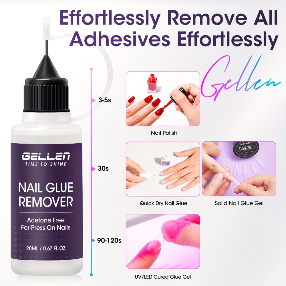 Gellen 0.68oz Pinpoint Nail Glue Remover for Press On, Multi-Functional Remover for Nails Tips, Gentle Glue Remover for Gel X Nails, Non-Acetone Nail Polish Remover