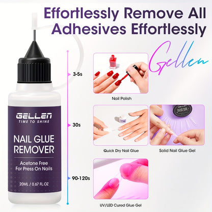 Nail Glue Remover 20ml with Precision Needle Applicator - Acetone Free Non-Irritating Formula for Press On Nails Gel X & Nail Tips - Fast Acting No-Mess Fake Nail Glue Remover for Women