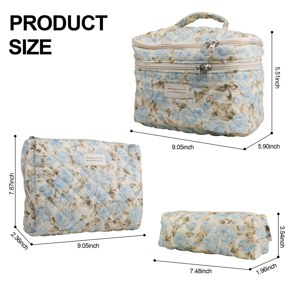 Large Capacity Dual Layer Cotton Makeup Cosmetic Bag (3PCS), Cute Quilted Travel Coquette Aesthetic Floral Make up Bag for Women Toiletry Bag (Blue Rose)