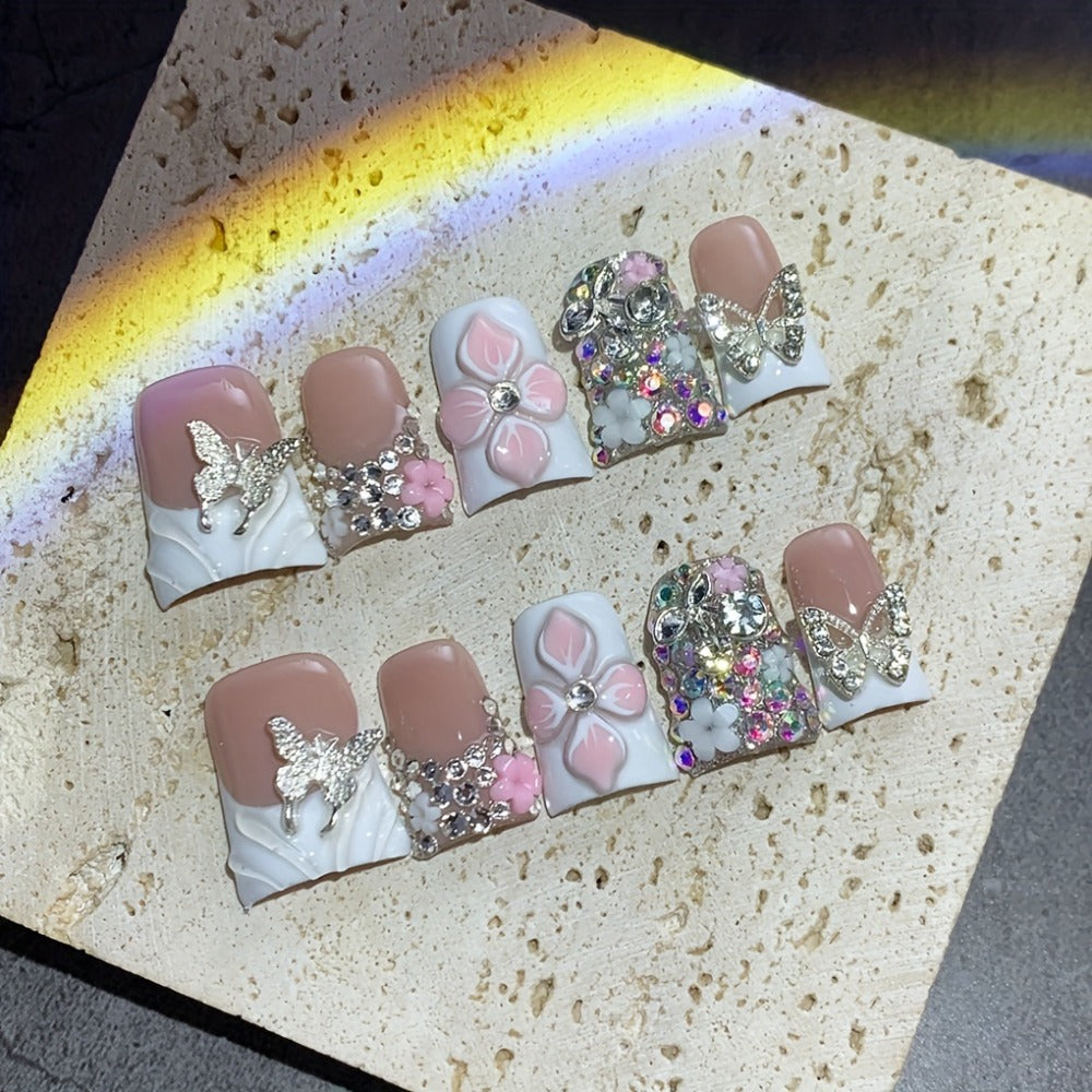 10pcs Short Duckbill White French Matching Golden Glitter Butterfly Hand-carved Flower Pinched Butterfly Flower Gorgeous Nail Art Pure Hand-worn Nail Artificial Nails Suitable for Wedding Party Daily Birthday Gifts