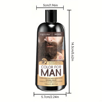 Men's Beard & Hair Dye Shampoo — 2-in-1 Semi-Permanent Color, Natural Ingredients, Covers Gray Fast, Sulfate-Free, Black Brown Chestnut Brown, for Beard & Sideburns