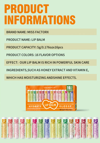 Lip Balm Set 16 Pack – Assorted Flavored Moisturizing Lip Balms for Long-Lasting Hydration & Shine | Bulk Lip Care Kit for Dry Lips, All Skin Types | Perfect Gift Set for Women, Girls & Teens