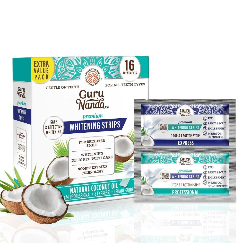 GuruNanda Teeth Whitening Strips - 16-Day Treatment with Non-Slip, Dry Strip Technology - Whitening Designed with Care for a Brighter Smile