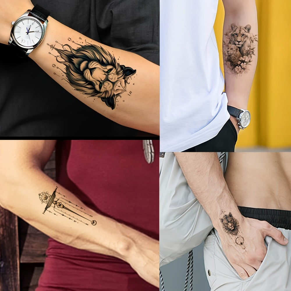 GLARYYEARS Temporary Tattoo for Men Adults, 44pcs Large+Small size Realistic Tattoos, Long-lasting Fake Tattoo Stickers, Cool Black Body Half Arm Tattoos, Mountain Lion Wolf Tiger Tattoo Design