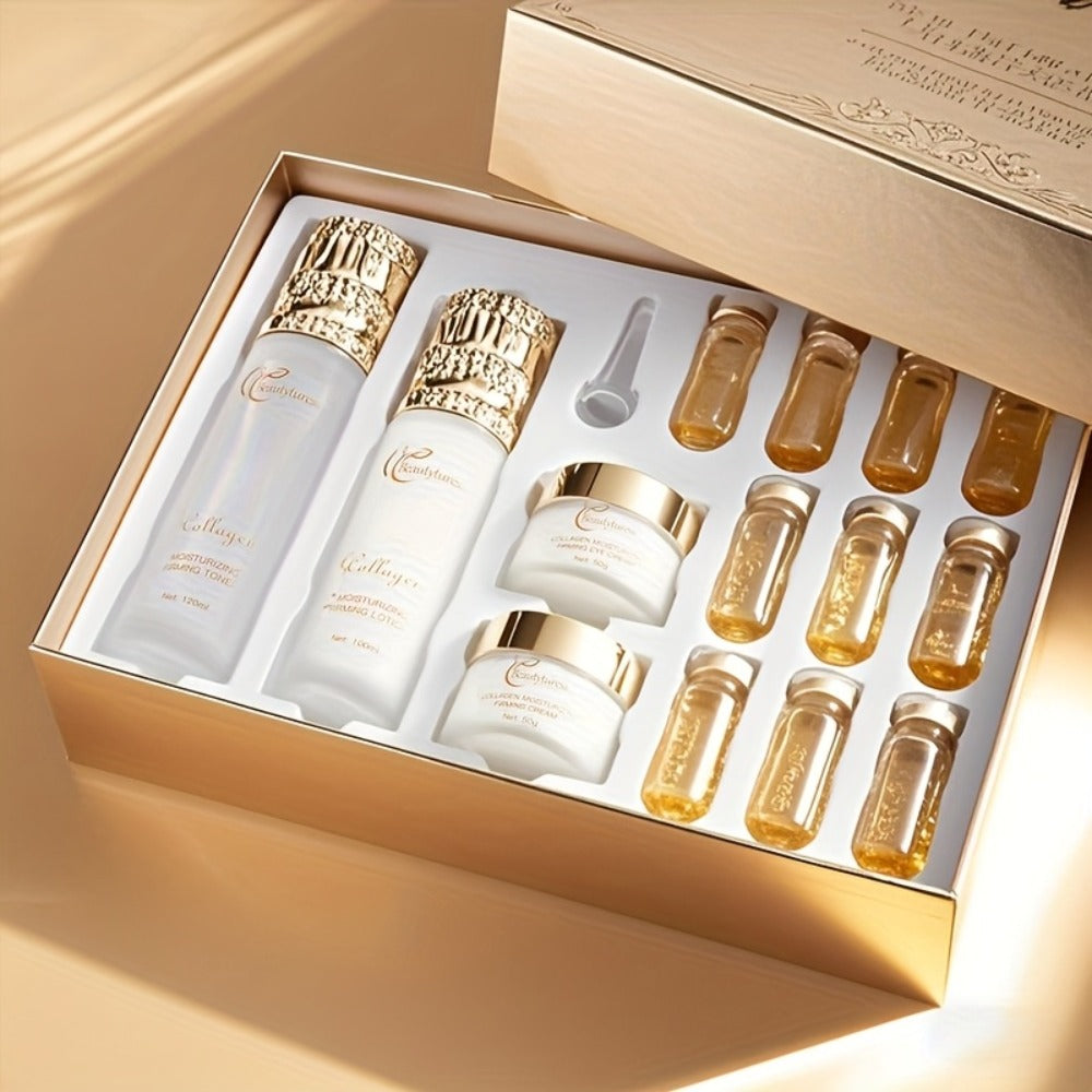 A Luxurious 14-Item Collagen Skincare Collection for Women, Designed to Hydrate And Firm The Skin with Sodium Hyaluronate And Niacinamide. It Offers Deep Moisture And Brightening Effects, And Comes in a Perfect Gift Box That Includes a Face Toner