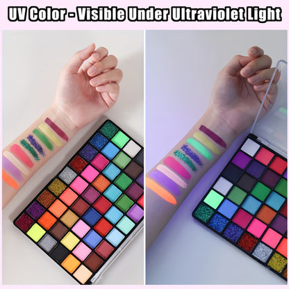 Face Body Paint Set 54 Colors — Matte, UV Fluorescent & Glitter Palette with Pattern Templates, Brushes & Tattoo Stickers for Sports, Cheerleading, Festivals & Parties