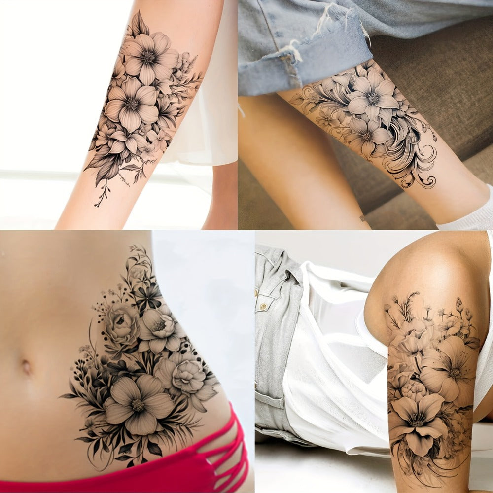 GLARYYEARS Temporary Tattoo for Women, 44-Pack Large+Small Size Realistic Flower Tattoos, Long-Lasting Fake Tattoo Stickers, Cool Black Body Half Arm Tattoos, Butterfly Snake Tattoo Design
