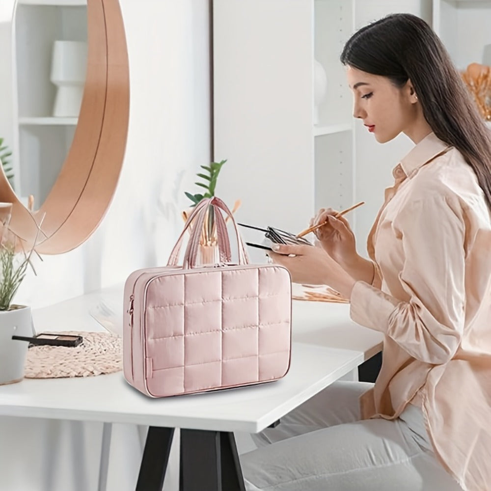 Hanging Travel Toiletry Bag Large Cosmetic Organizer for Full-Size Products Hanging Travel Makeup Bag Waterproof Bathroom Organizer Pink Beige Black