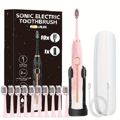 Sonic Electric Toothbrush IPX8 Waterproof with 8 Replacement Brush Heads, USB Rechargeable 500mAh, Metal Shaft, Travel Case & Toothbrush Holder, for Adults Men & Women, 5 Color Options