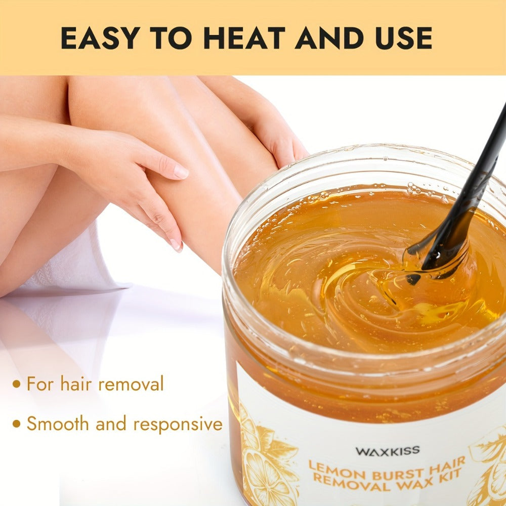 WAXKISS 300G Lemon Sugar Wax Hair Removal Soft Wax Beeswax Hair Removal Kit New Formula Is Gentle And Non-Irritating, Precise Hair Removal Without Residue, (1 Can Of Soft Wax, 12pcs Of Hair Removal Paper, 2 Wax Sticks)