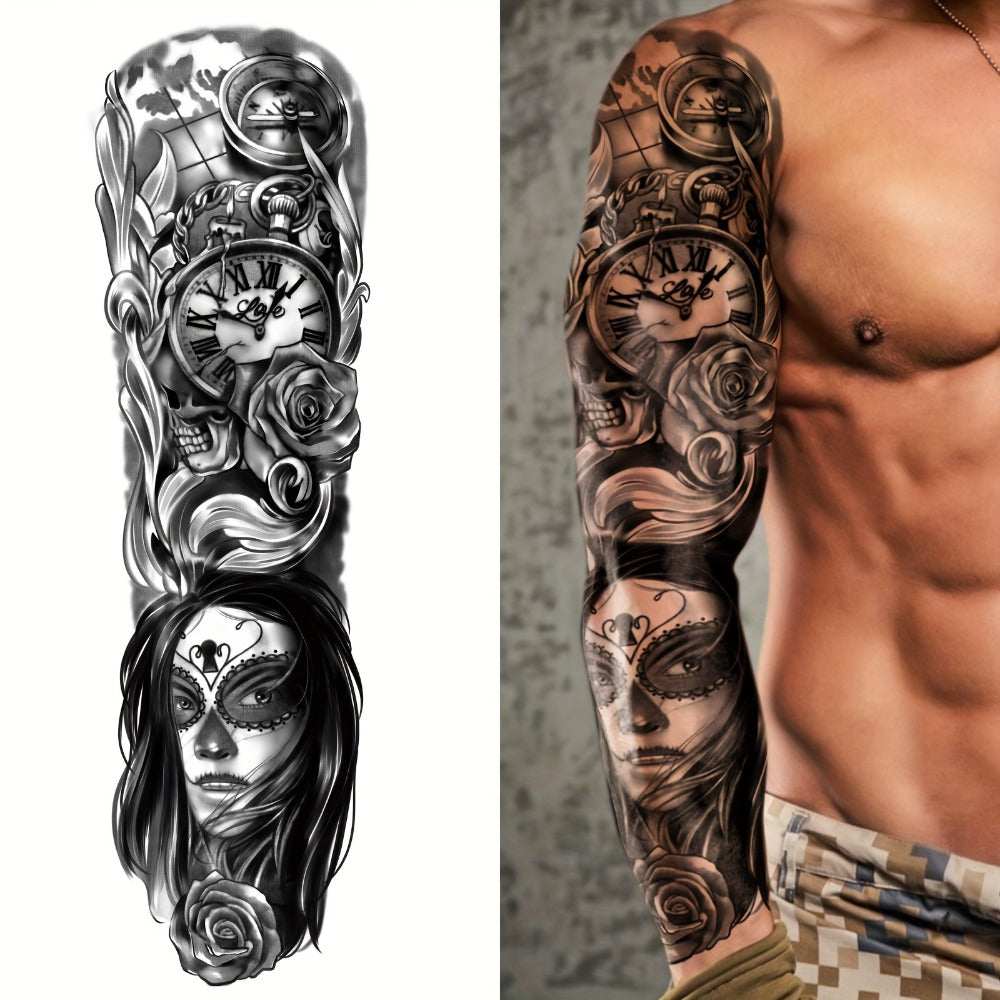 8 Sheet Large Size Black Full Arm Temporary Tattoo Stickers - Waterproof, Long-Lasting, Realistic Designs for Men & Women, Featuring Koi, Dragon, Lion, Floral & Geometric Patterns, Perfect for Street Punk Style, Tattoo Supplies