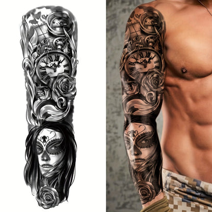Large Full Arm Temporary Tattoo Stickers 8 Sheets Waterproof Long Lasting Black Realistic Koi Dragon Lion Floral Geometric Designs for Men Women Street Punk Style Body Art