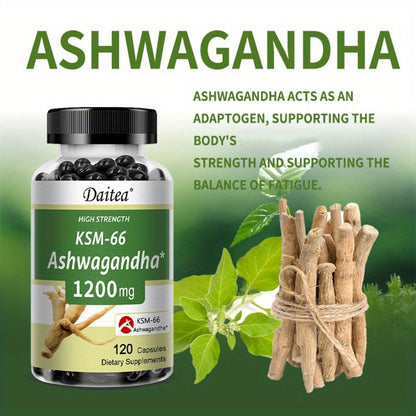 KSM-66 Ashwagandha 1200mg Extra Strength 120 Capsules for Stress Relief, Mood Support & Anxiety, Adaptogen Supplement for Men & Women, Energy & Focus