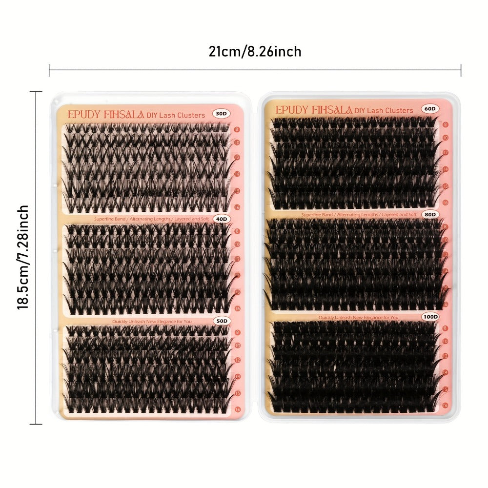 Lash Clusters Kit 708pcs 8-16Mm Mixed 30D-100D Lashes Clusters Kit with Glue, Tweezers And Brush, Mega Volume Cluster Lashes for Natural Or Dramatic Eye Makeup, Soft Reusable Eyelash Clusters Kit for Long Lasting Salon Style Look Easily at Home