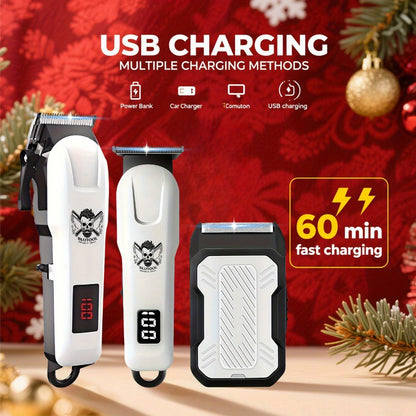 Cordless Hair Clipper Set USB Rechargeable Professional Electric Shaver with LED Display for Men - 2 or 3 Piece Home & Travel Grooming Kit Gift