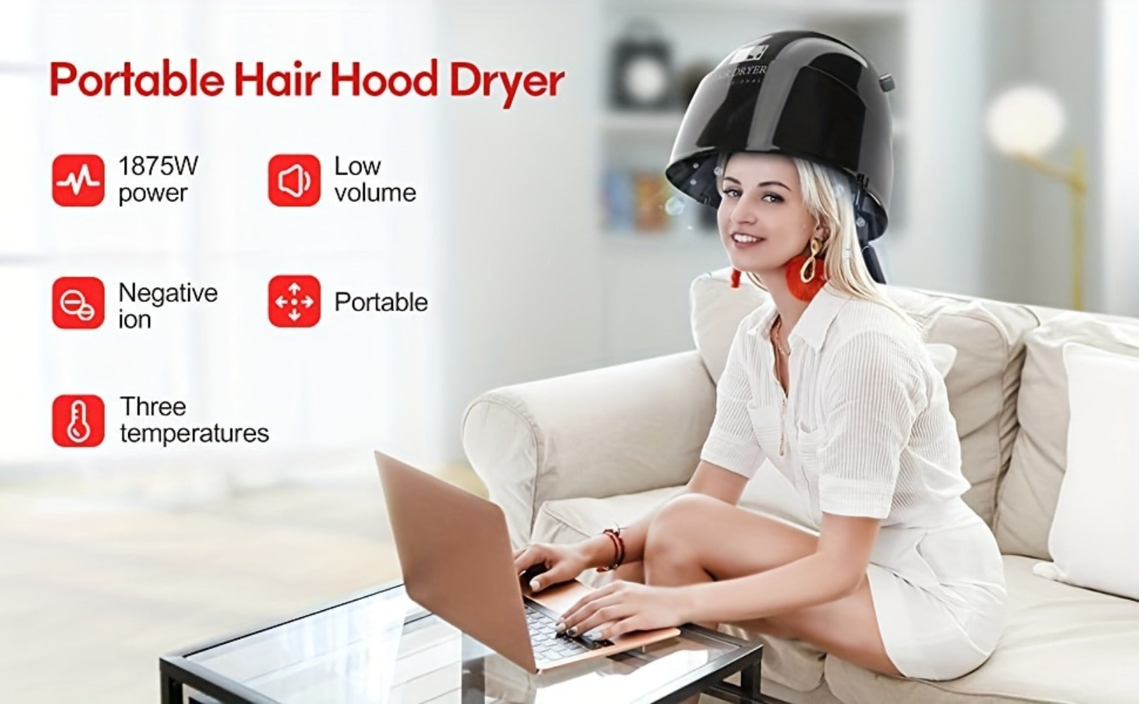 1875W Ionic Hooded Hair Dryer Bonnet with 3 Settings, Professional Sit Under Hair Dryers for Women with Ceramic Technology, Portable Hair Dryer with Hood, Hooded Dryer for Home & Salon