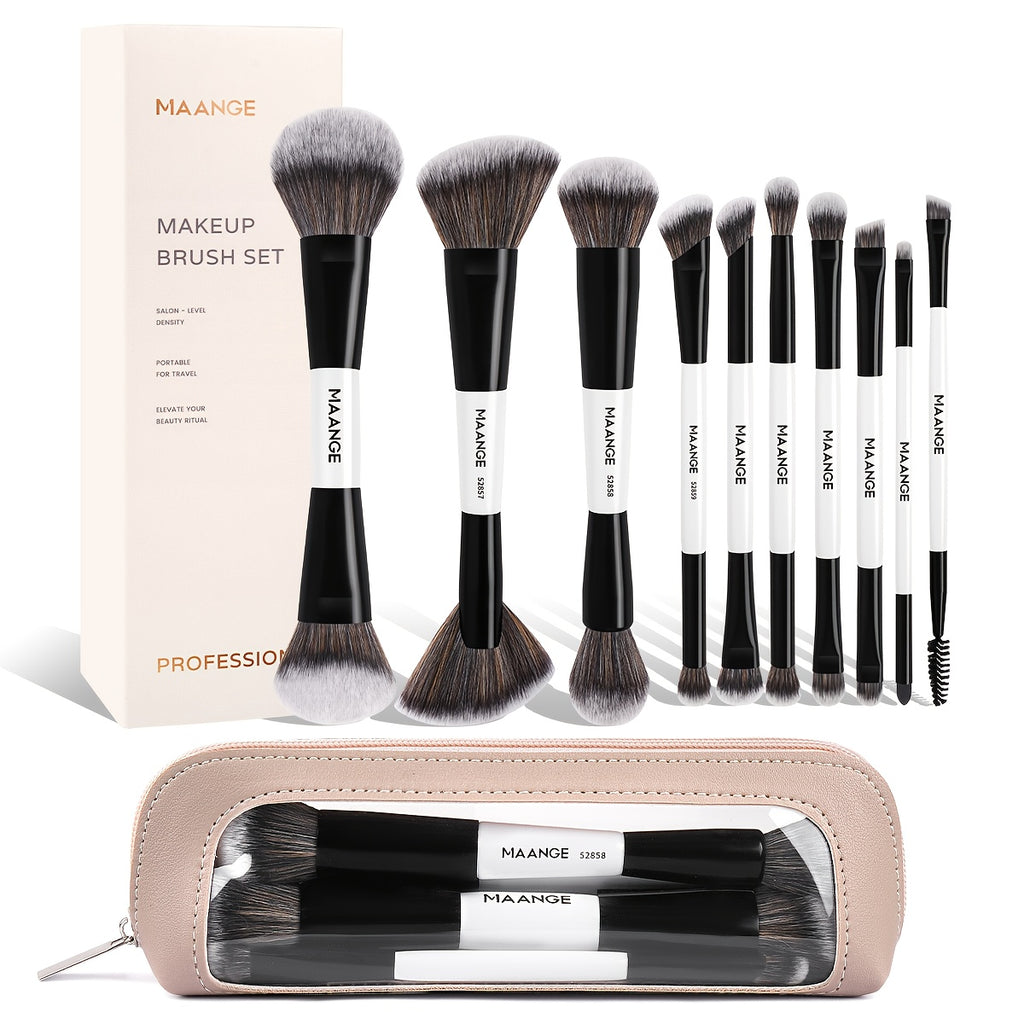 10pcs MAANGE Professional Double-Headed Blush And Eyeshadow Makeup Brush with Cosmetic Bag - Dual-Ended Facial Brush Suitable for Beginners And Pros, Soft Nylon Bristles, Non-Sticky Face, Precise Application for Powder/Products