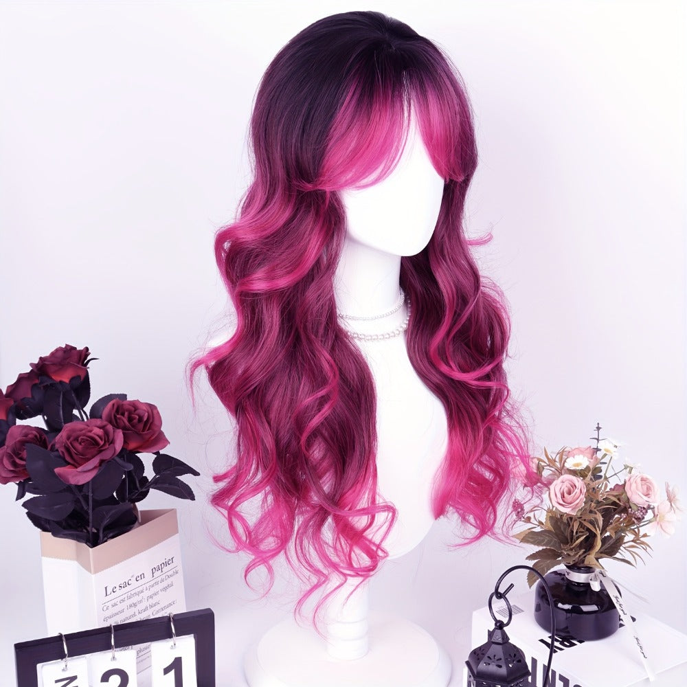 Long Wavy Wig with Air Bangs for Women — 28 Inch Rose Red Gradient, 150% Density Heat Resistant Synthetic Hair, Rose Net Cap, Curly Wave Style, Parties Halloween Christmas Daily Wear