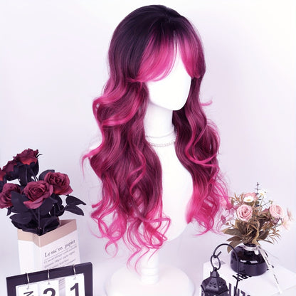 Long Wavy Wig with Air Bangs for Women — 28 Inch Rose Red Gradient, 150% Density Heat Resistant Synthetic Hair, Rose Net Cap, Curly Wave Style, Parties Halloween Christmas Daily Wear