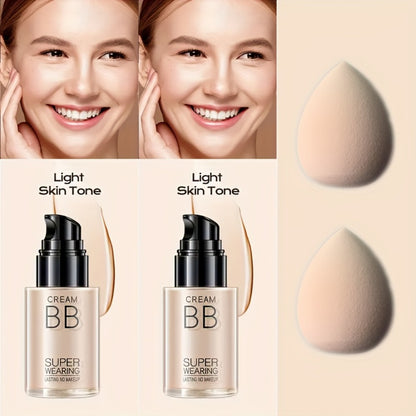 BB Cream Liquid Foundation Set 2Pcs with Makeup Sponge - Flawless Long-Lasting Medium Coverage Moisturizing Skin-Isolating Concealer for All Skin Types Women Natural & Light Beige Shades