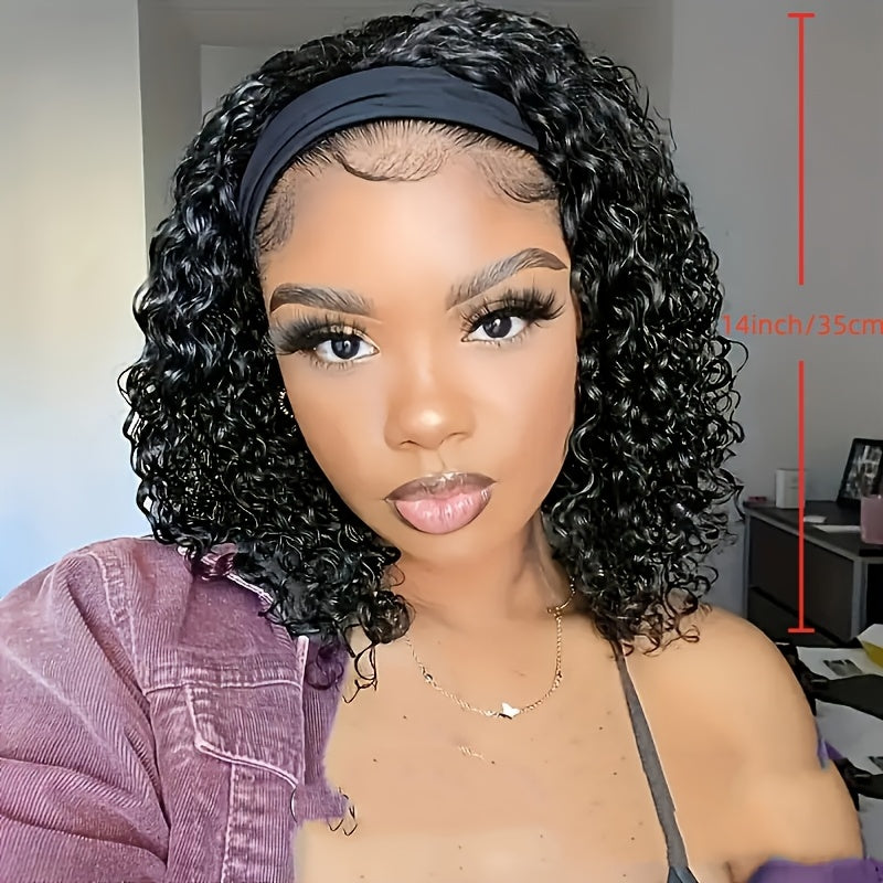 Headband Wig, Human Wig, for Woman, Pixie Cut Wig, No Glue Wig, Short Curly Hair Headband Wig, Density, Natural Black, Beginners Friendly
