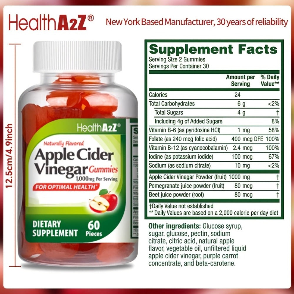 Apple Cider Vinegar Gummies 1000mg 60ct | Extra Strength ACV with B6, B12, Folic Acid, Pomegranate & Beet | Digestive Health, Clear Skin & Diet Support | Antioxidant | Great Taste