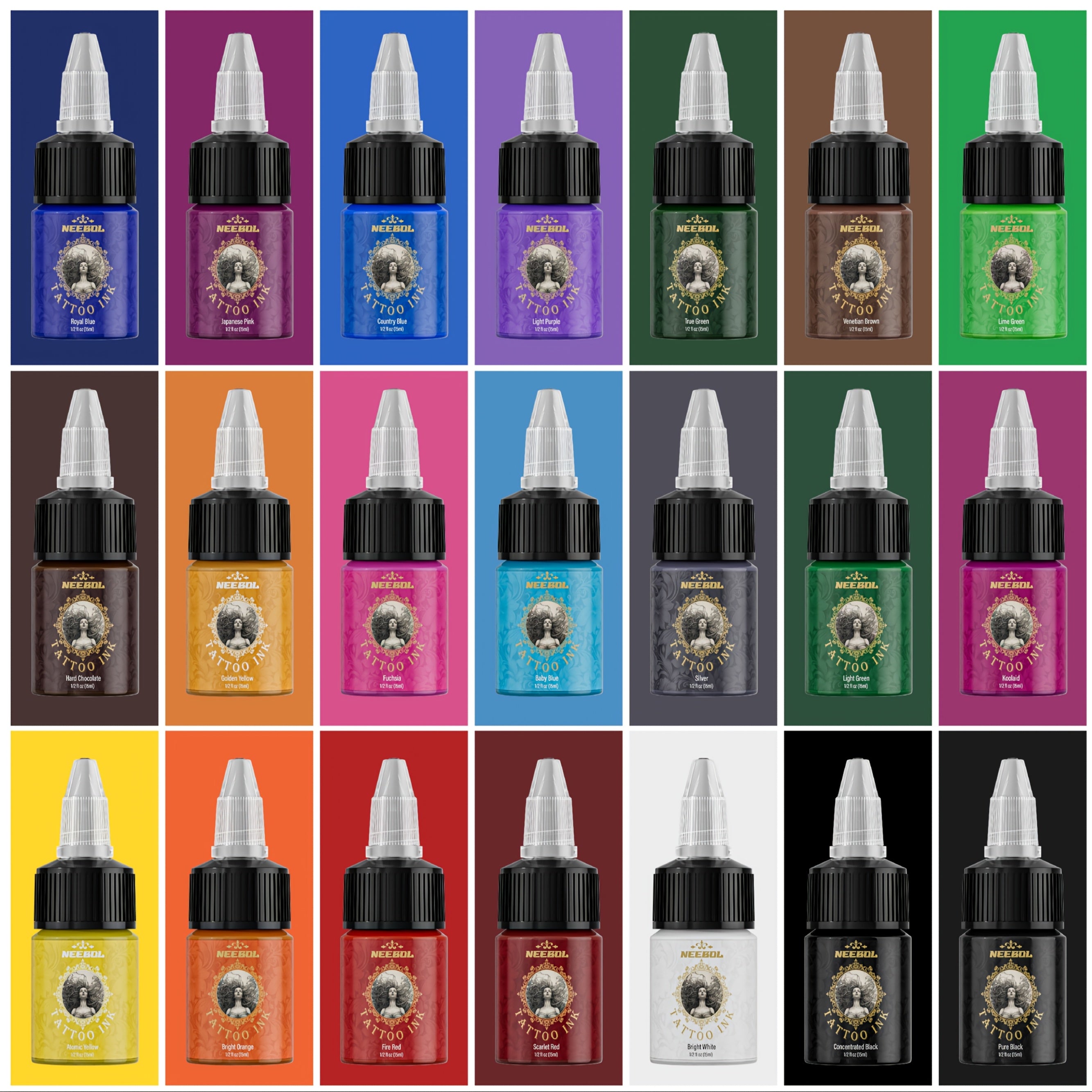 14/21 Color Ink Set Neebol Tattoo Ink 0.5oz/ 15ml Per Bottle Long-Lasting Vibrant Tattoo Ink Colors Kit Tattoo Supply Accessories Suitable for Various Tattoo Styles And Patterns Body Art Makeup Easter Gifts for Beginners And Artists