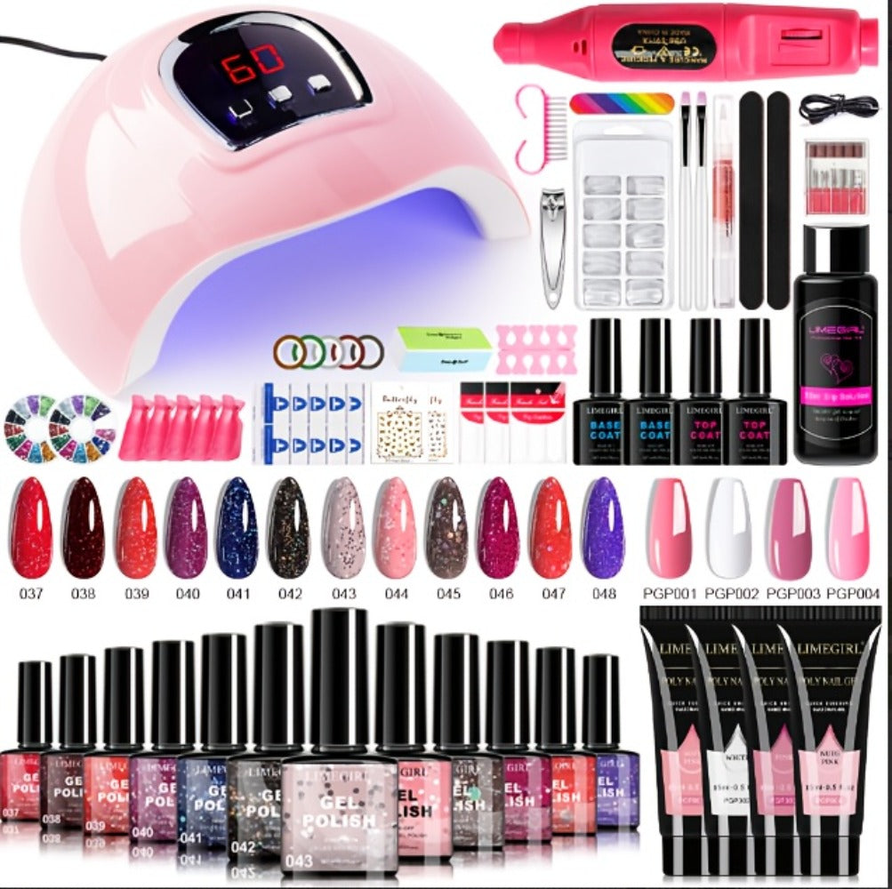 New Year 12 Colors Gel Nail Polish Kit with Nail Lamp Electric Nail Drill, 4 Colors Poly Extension Gel Nail, Nail Cutter, Nail Glitter, Top Coat Base Coat, Nail Art Design Gel Kit Valentine's Day Gift