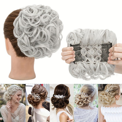 Clip In Hair Bun Extension Messy Bun Chignon Hairpiece Synthetic Curly Updo with Comb Scrunchie for Women Wedding Party Office Daily Wear Rose Bud Style