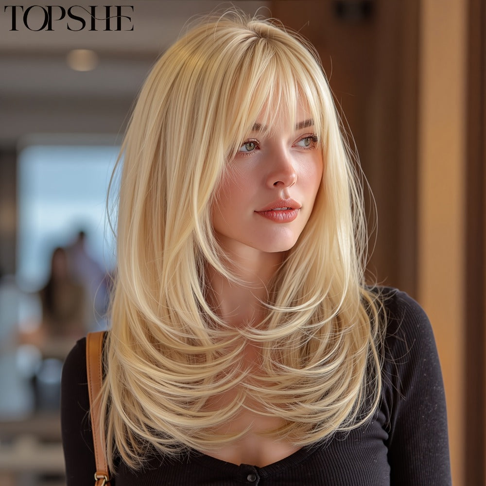 14Inch Golden Layered Straight Hair Women'S Wig With Bangs, Shoulder Length, Daily Fashion, New Fashion, For Work, Dress Up, Parties, Christmas, Synthetic Wig, High-temperature Silk, Comfortable Rose Mesh Hat, Valentine'S Day, Mother'S Day Gift