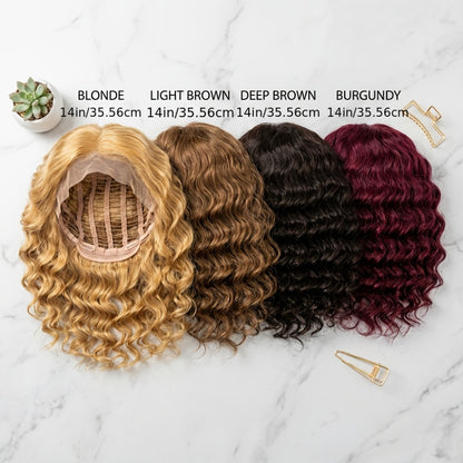 Deep Wave Curly Bob Wig Glueless Rose Net Cap - Secure Fit Short Curly Wig for Women Burgundy Golden Dark Brown Light Brown 14 Inch
