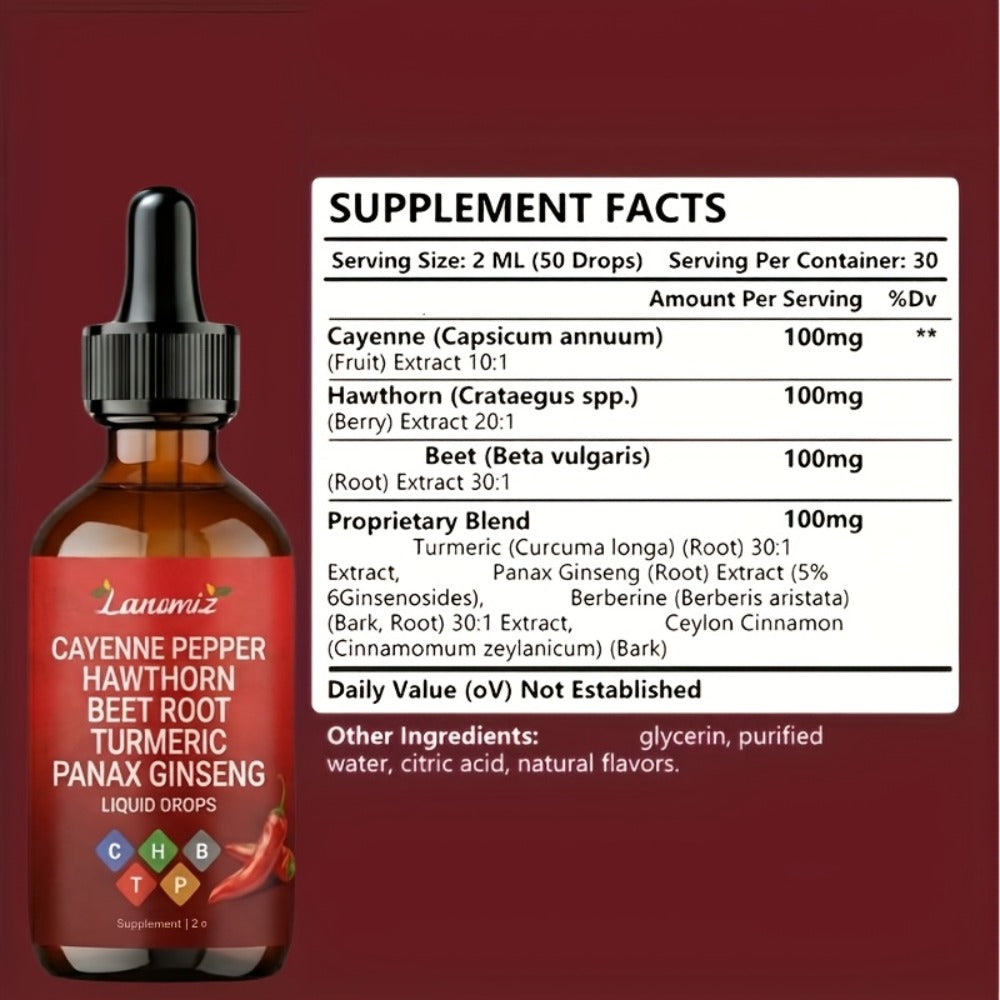 [Father's Day Special] Cayenne Pepper Supplement Liquid Drops, All-in-One Liquid Supplement with Cayenne, Beet Root, Turmeric, Hawthorn, Ginseng & Ceylon Cinnamon. 2fl.oz Daily Health Drops. Allergy-Friendly & Unisex. Father's Day Special, Local Warehouse