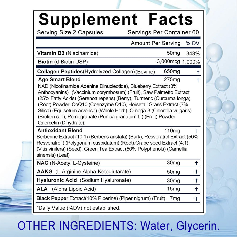 [120 Capsules] Resveratrol + NAC + NAD + Collagen Peptides + Hyaluronic Acid + Thiamine Supplement, Containing Saw Palmetto, Coenzyme Q10, Quercetin, Omega-3 And Black Pepper, Supports Mood, Hair, Nail And Eye Health, 120 Capsules (Optional 1/2/3 Bottles)