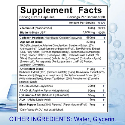 Resveratrol Supplement with NAC NAD Collagen Peptides Hyaluronic Acid – Supports Mood, Hair, Nail & Eye Health | 120 Capsules with Saw Palmetto CoQ10 Quercetin Omega-3 Thiamine Black Pepper