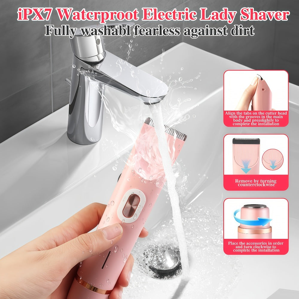 Bikini Trimmer for Women 2-in-1 Dual Head IPX7 Waterproof Electric Shaver - Body Hair Trimmer and Facial Hair Remover for Bikini Underarm Leg Arm Face 90-Min Battery USB Charge Pink